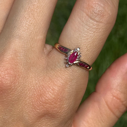 Estate 14KT Yellow Gold Marquise Ruby + Diamond Halo Ring
