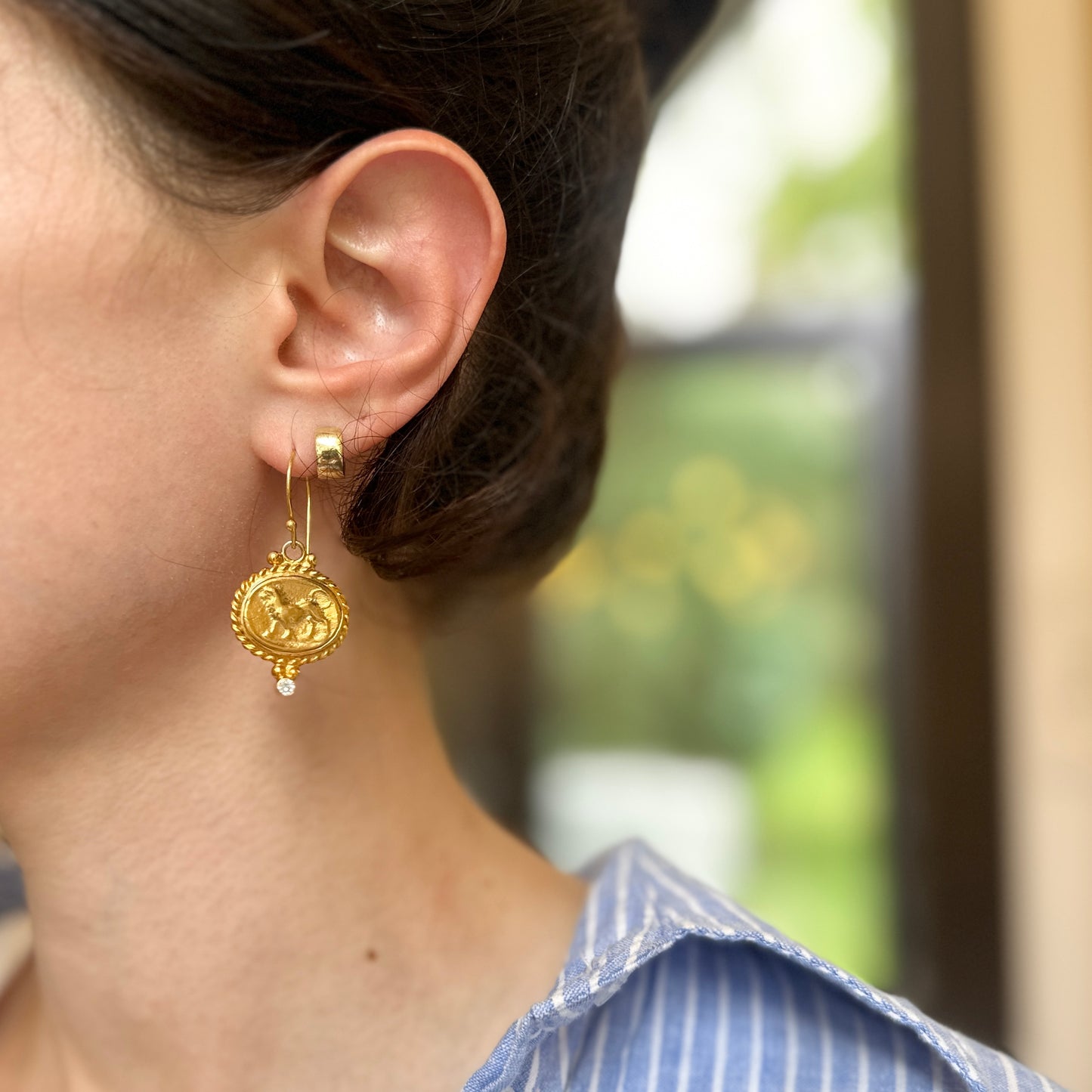 Estate Yellow Gold Plated Oval Horse Heavy Cubic Zirconia Dangle Earrings