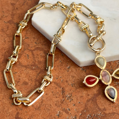 Estate Gold-Tone Gemstone Cross Toggle Paperclip Necklace