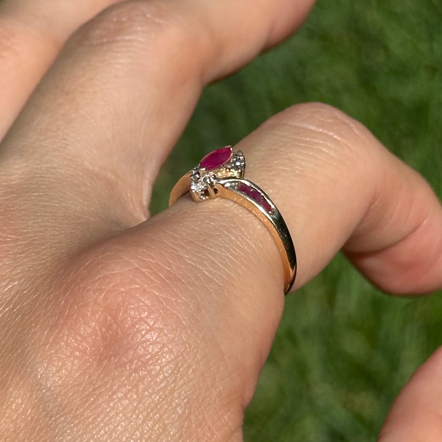 Estate 14KT Yellow Gold Marquise Ruby + Diamond Halo Ring