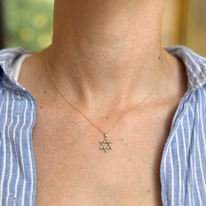 14KT Yellow Gold Baguette + Round Diamond Star Of David Necklace 16''