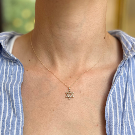 14KT Yellow Gold Baguette + Round Diamond Star Of David Necklace 16''