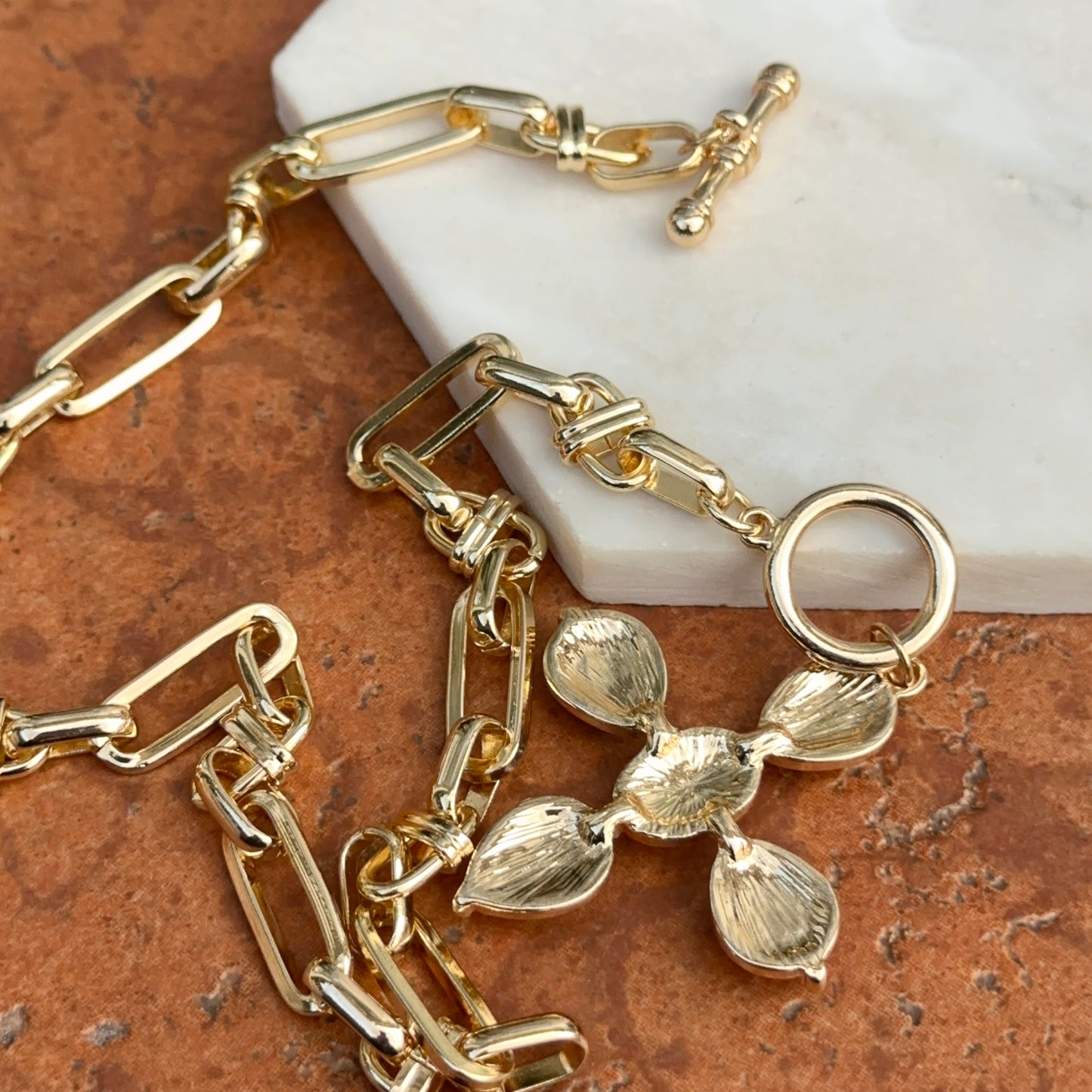 Estate Gold-Tone Gemstone Cross Toggle Paperclip Necklace