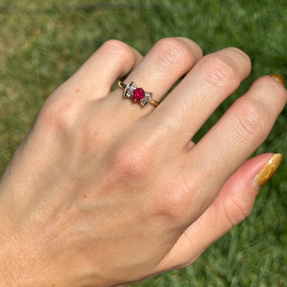 Estate 14KT Yellow Gold Round Ruby + Baguette Diamond Bow Ring