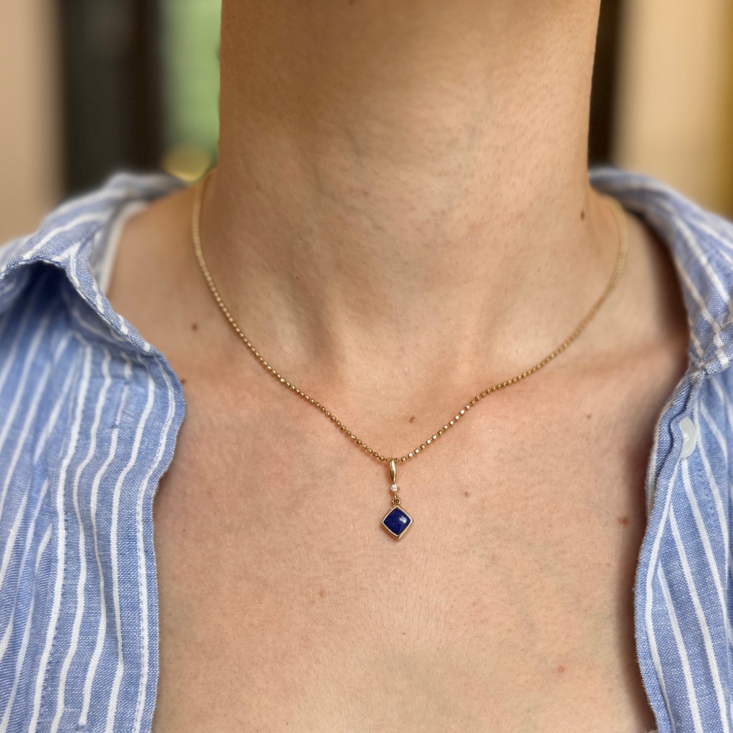 14KT Yellow Gold Kabana Lapis Lazuli + Round Diamond Pendant