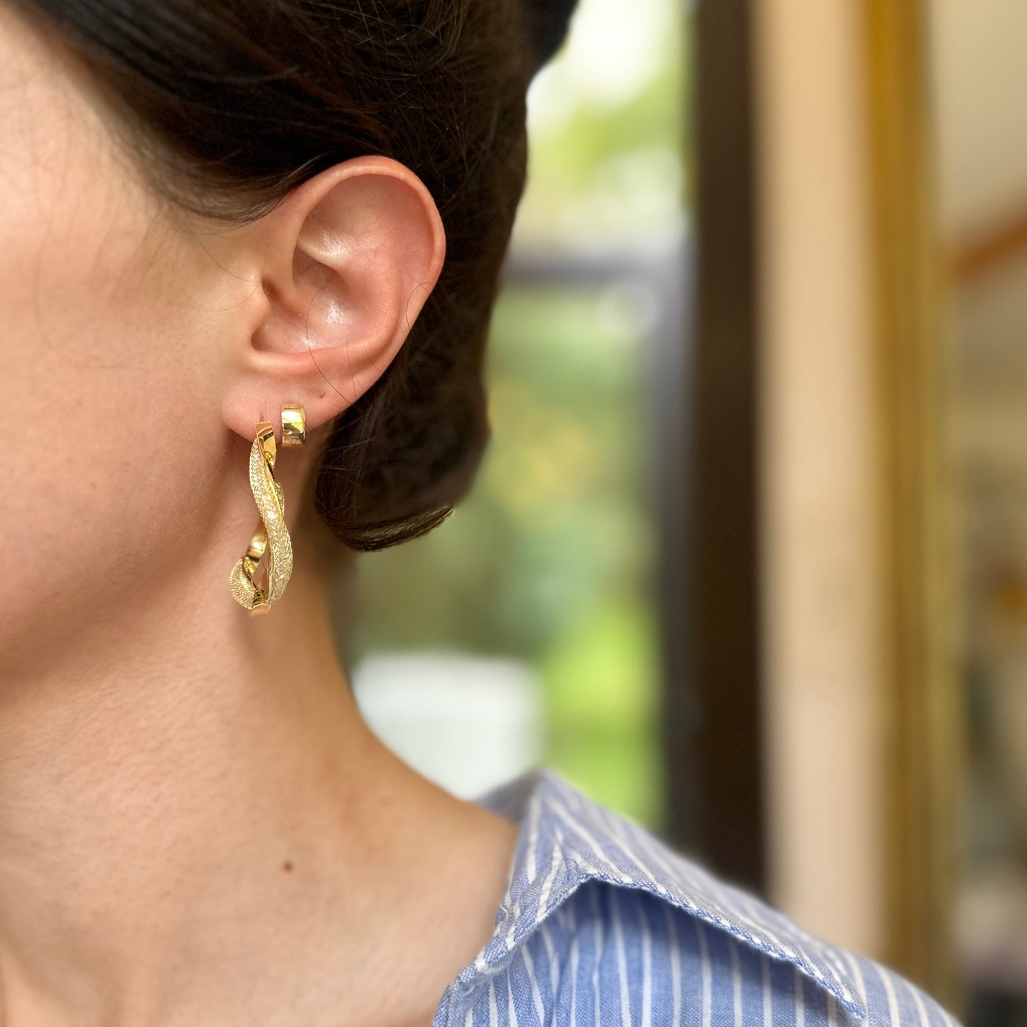 Yellow Gold-Plated Twisted Mesh Hoop Pierced Earrings