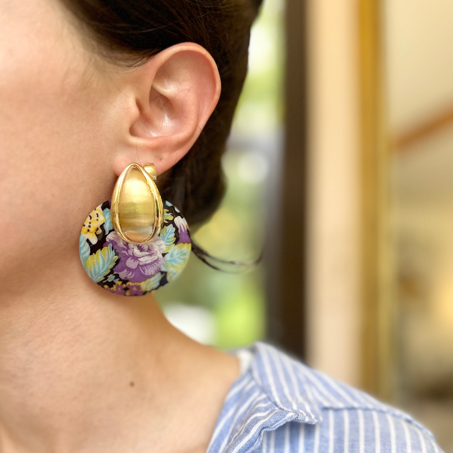 Estate Genuine Mother of Pearl Floral Painted Round Earring Charms