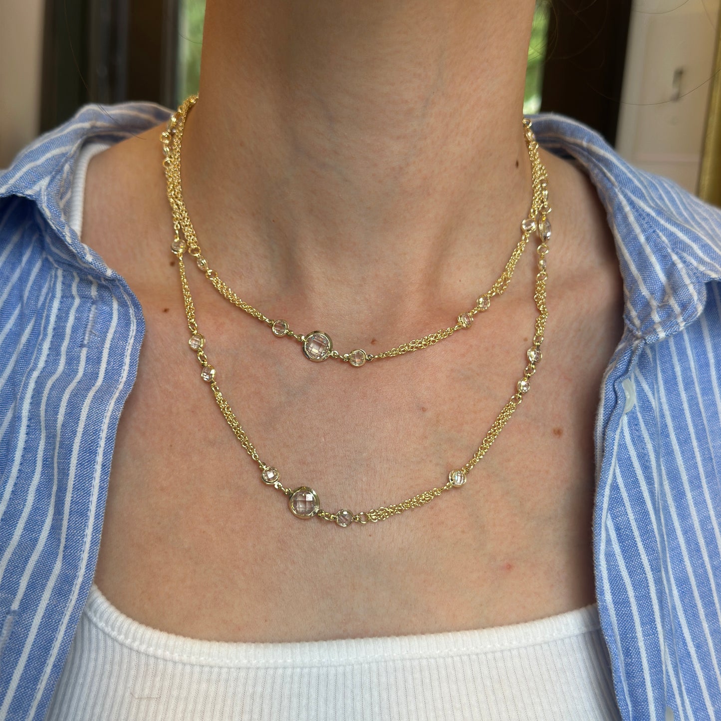 Yellow Gold-Plated Round Checkerboard Cubic Zirconia Three-Strand Necklace