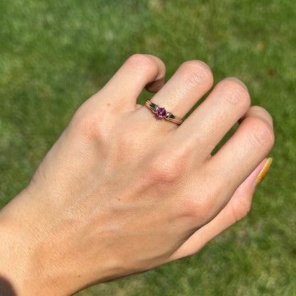 Estate 14KT Yellow + White Gold Round Pink Tourmaline Solitaire Ring