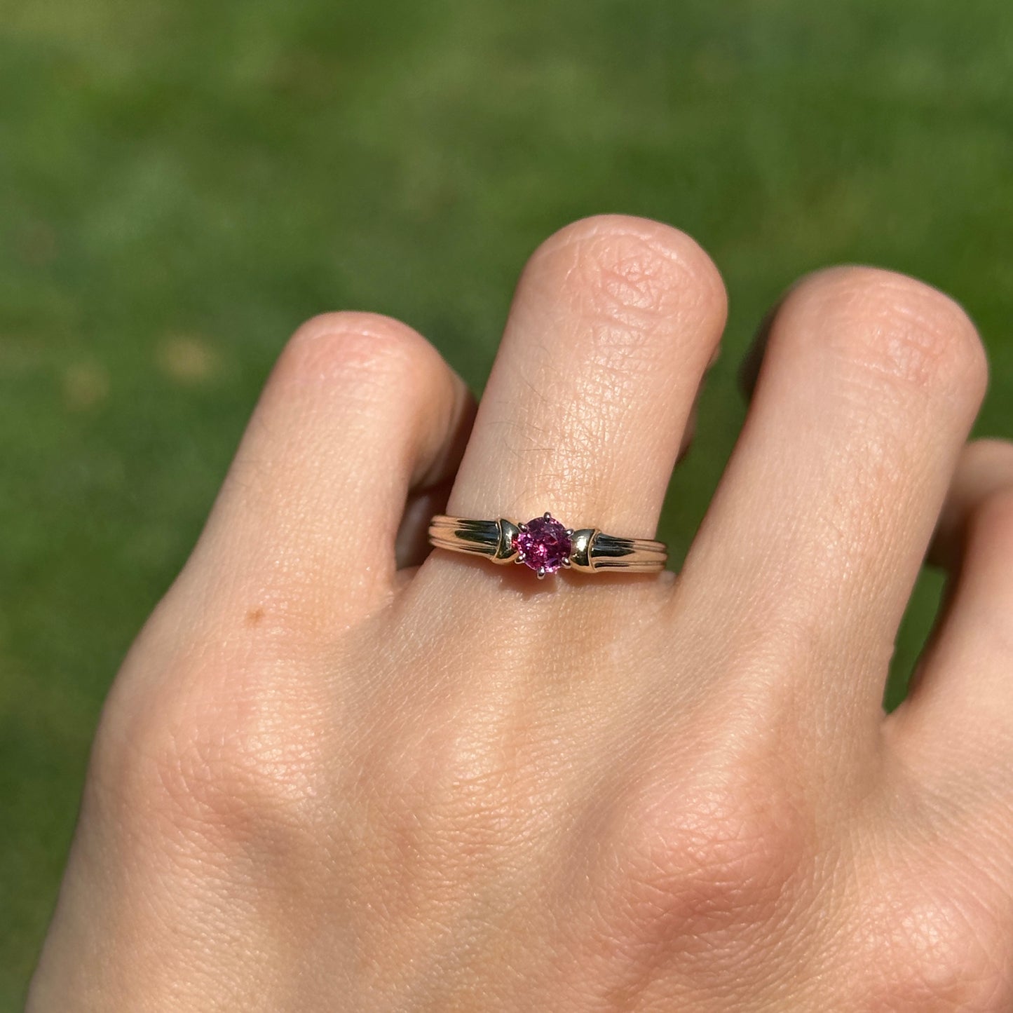 Estate 14KT Yellow + White Gold Round Pink Tourmaline Solitaire Ring