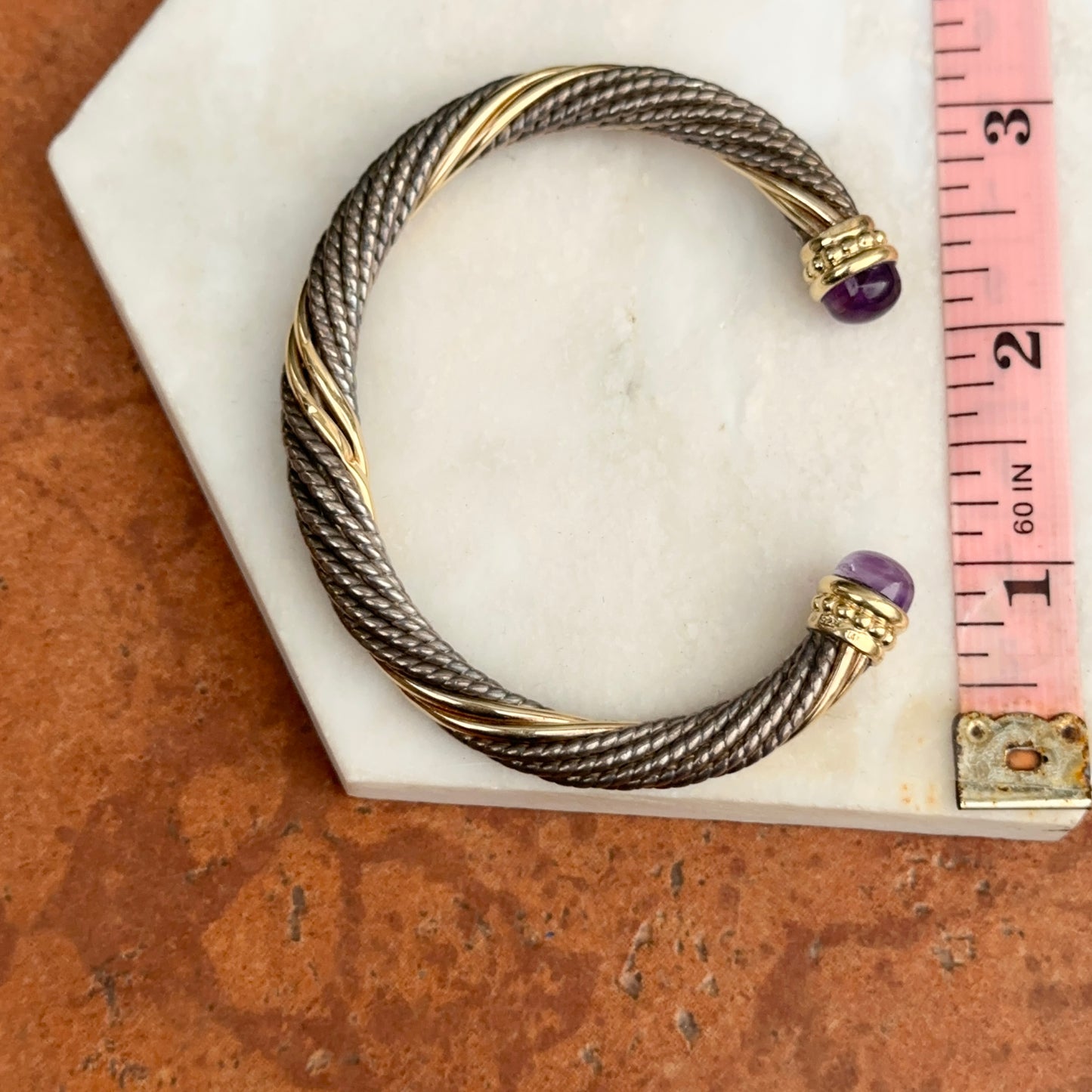 Estate 14KT Yellow Gold + Sterling Silver Cable Twist Amethyst Cuff Bracelet