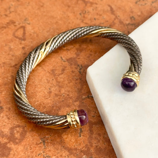 Estate 14KT Yellow Gold + Sterling Silver Cable Twist Amethyst Cuff Bracelet