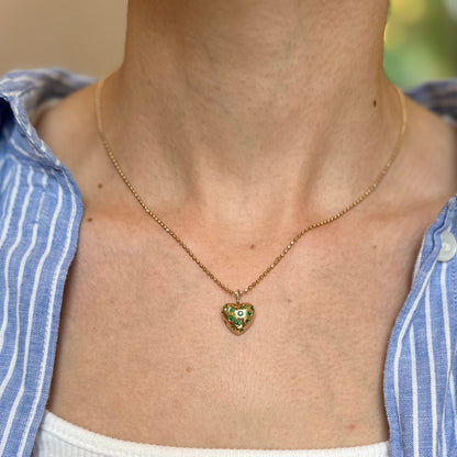 14KT Yellow Gold Gypsy-Set Emerald Puffed Heart Pendant Charm