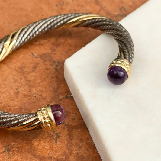 Estate 14KT Yellow Gold + Sterling Silver Cable Twist Amethyst Cuff Bracelet