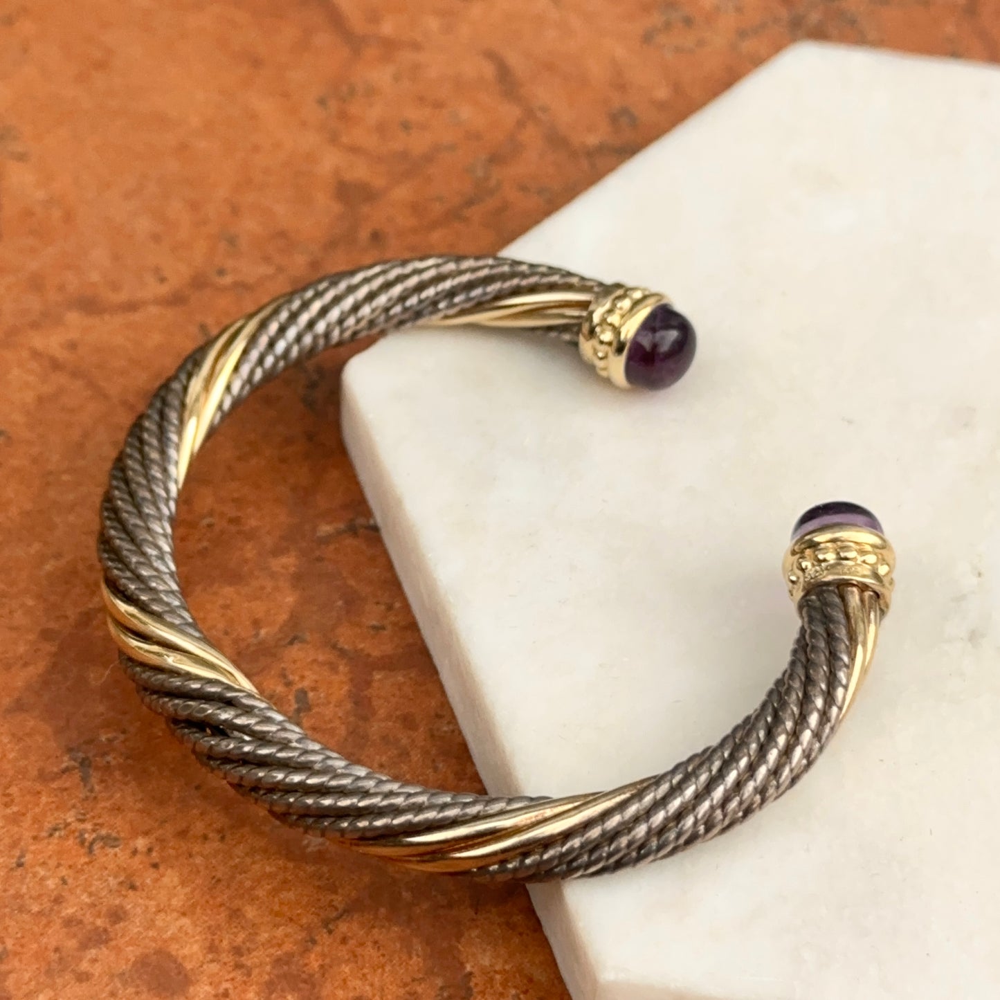 Estate 14KT Yellow Gold + Sterling Silver Cable Twist Amethyst Cuff Bracelet