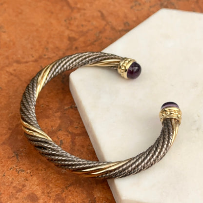 Estate 14KT Yellow Gold + Sterling Silver Cable Twist Amethyst Cuff Bracelet