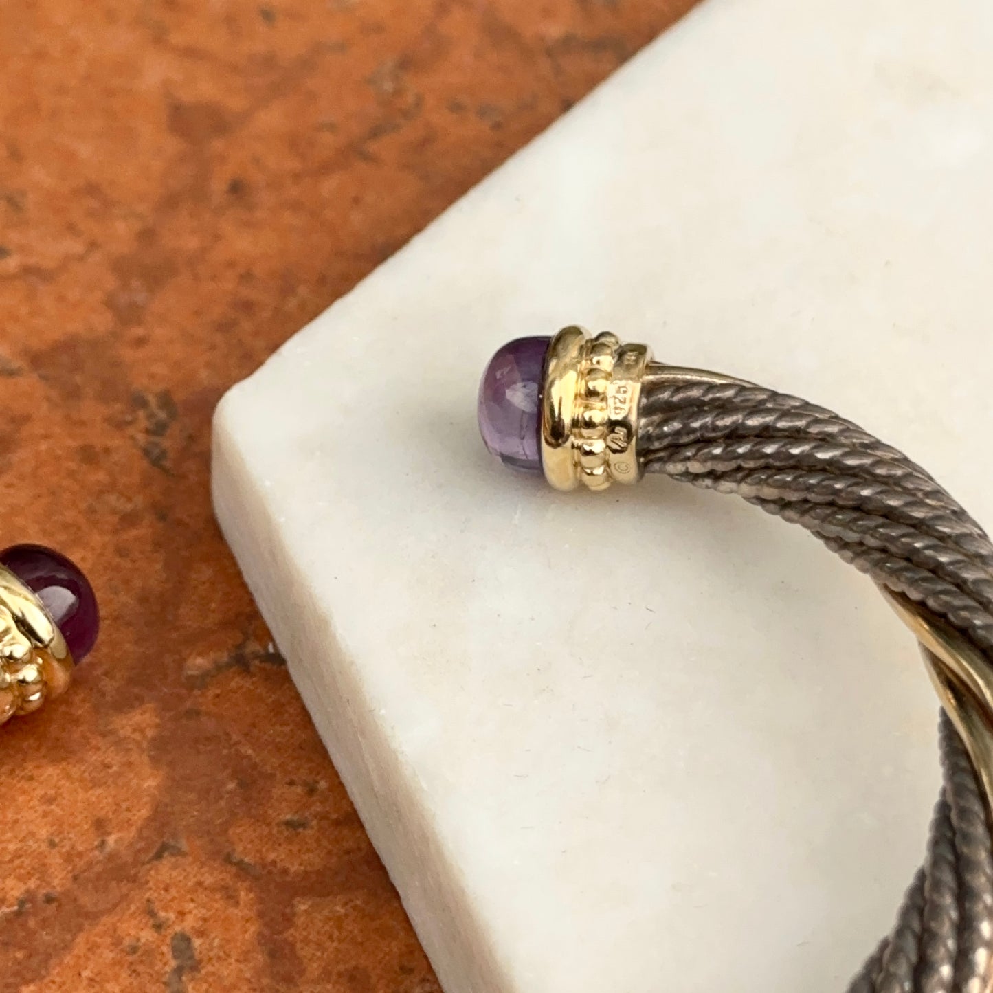 Estate 14KT Yellow Gold + Sterling Silver Cable Twist Amethyst Cuff Bracelet