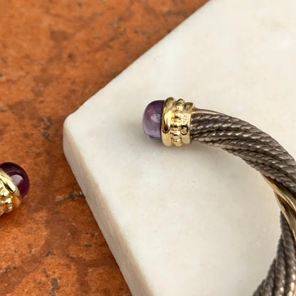 Estate 14KT Yellow Gold + Sterling Silver Cable Twist Amethyst Cuff Bracelet