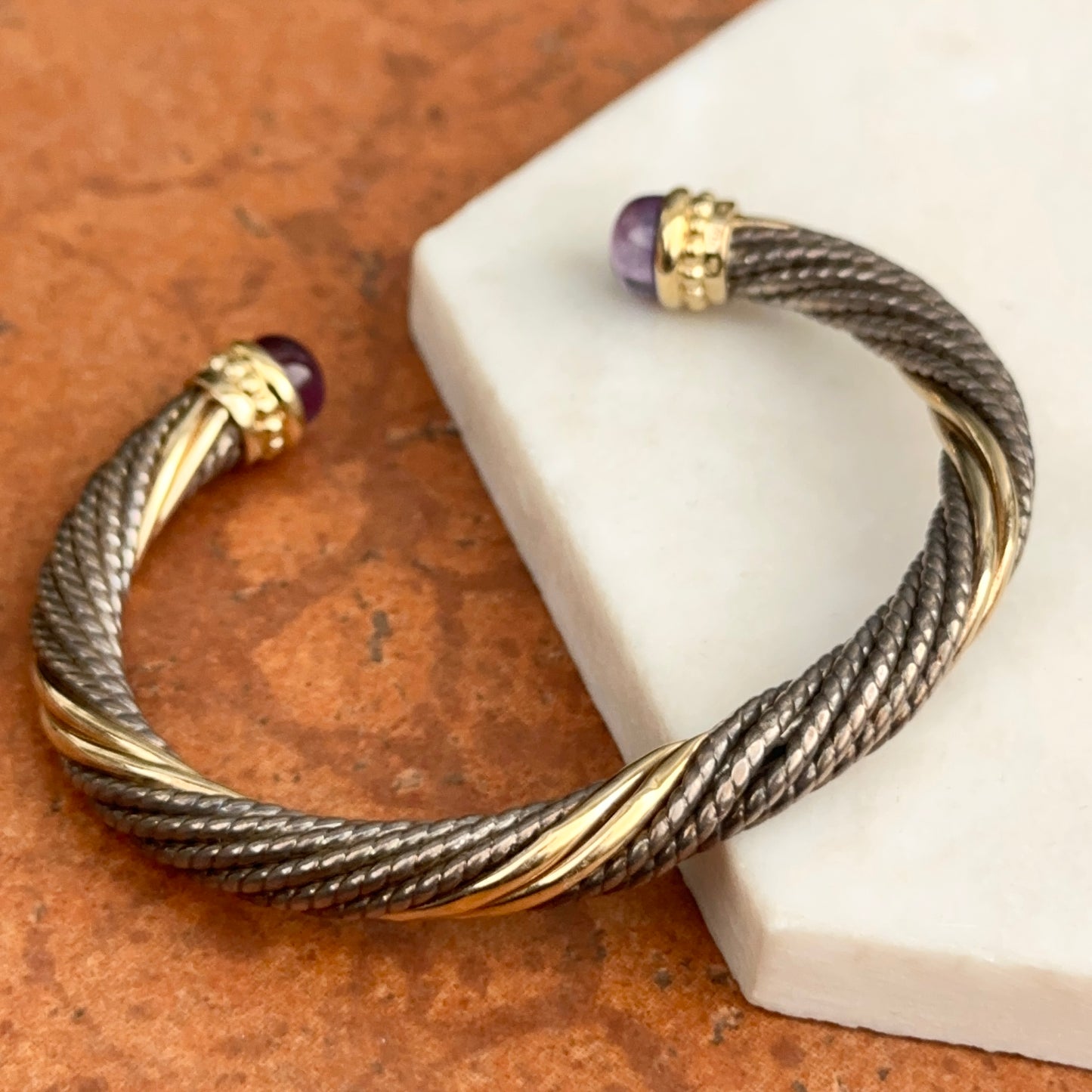 Estate 14KT Yellow Gold + Sterling Silver Cable Twist Amethyst Cuff Bracelet