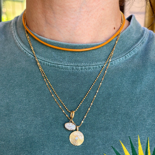 14KT Yellow Gold 2mm Gold Tan Stitched Leather Cord Necklace