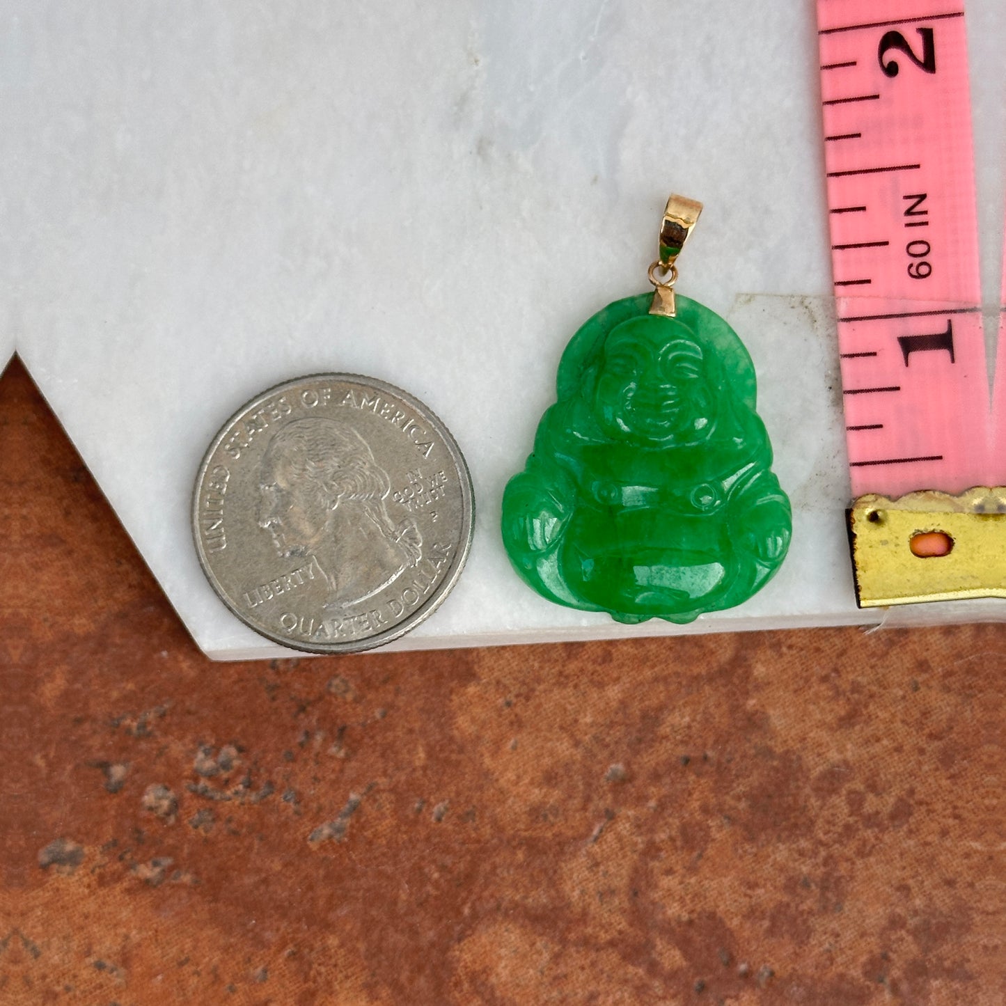 Estate 14KT Yellow Gold Carved Green Jade Buddha Pendant