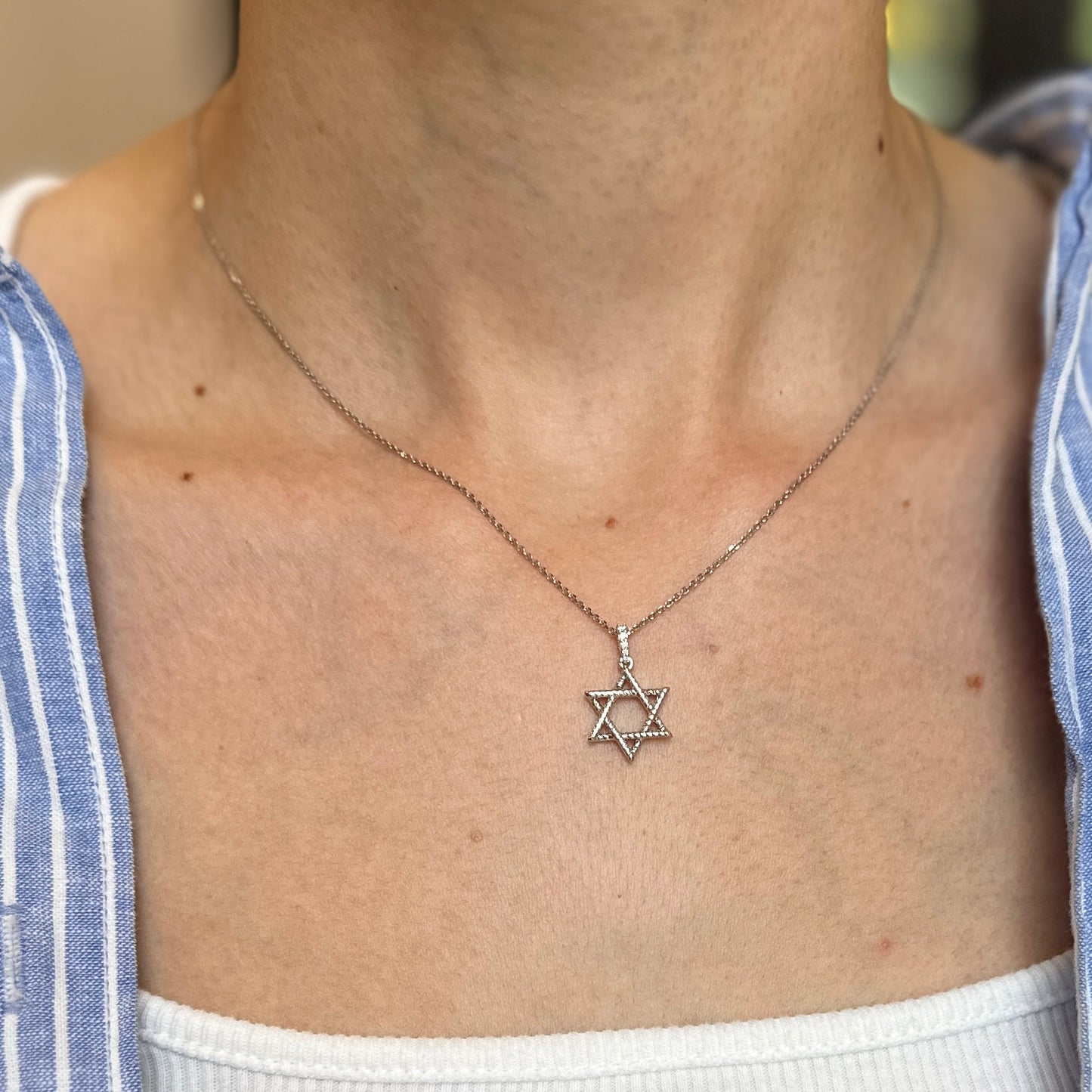 14KT White Gold Pave Diamond Star of David Pendant Charm