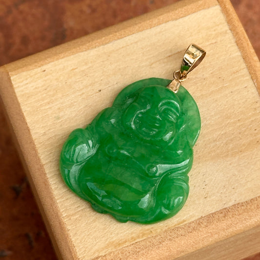 Estate 14KT Yellow Gold Carved Green Jade Buddha Pendant