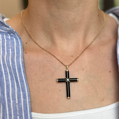 14KT Yellow Gold Black Onyx Cross Pendant Charm 40mm