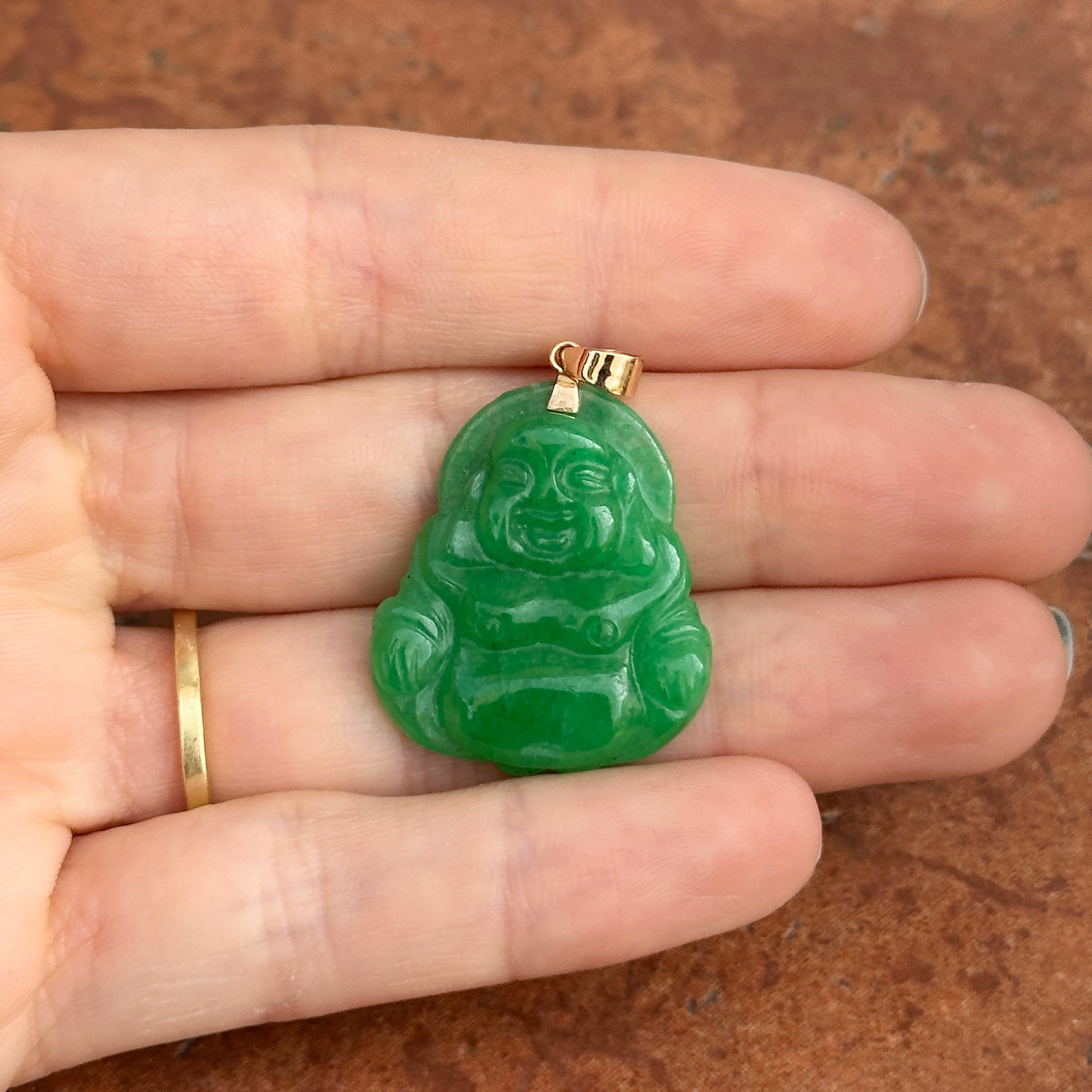 14KYG top Carved Jade Buddha Pendant Solid 14k Gold Base & Pendant Bail