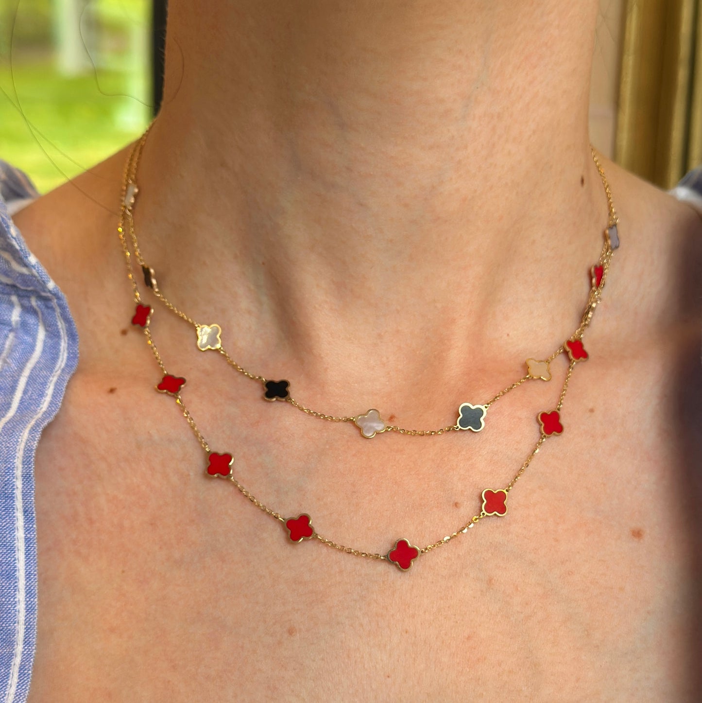 14KT Yellow Gold 7mm Red Enamel Clover Station Necklace