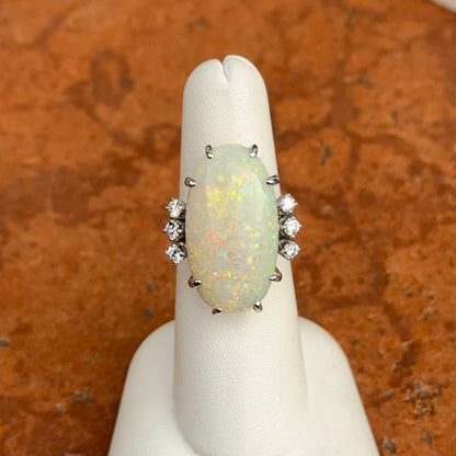 Estate 18KT White Gold Oval Opal + Diamond ring