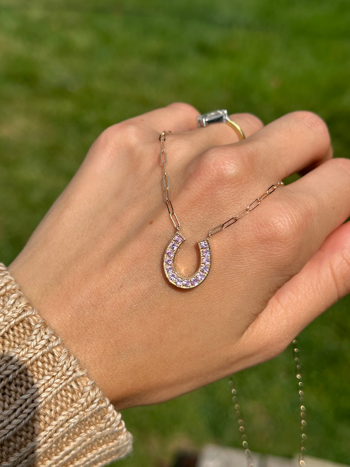 14KT Yellow Gold Pink Sapphire Horseshoe Necklace