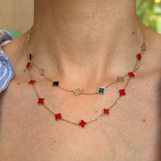 14KT Yellow Gold 7mm Black Onyx + White Mother of Pearl Clover Station Necklace