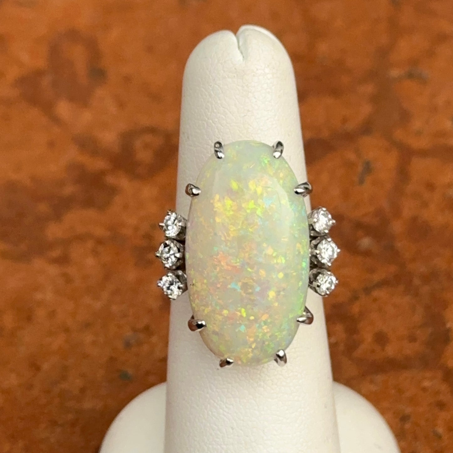 Estate 18KT White Gold Oval Opal + Diamond ring