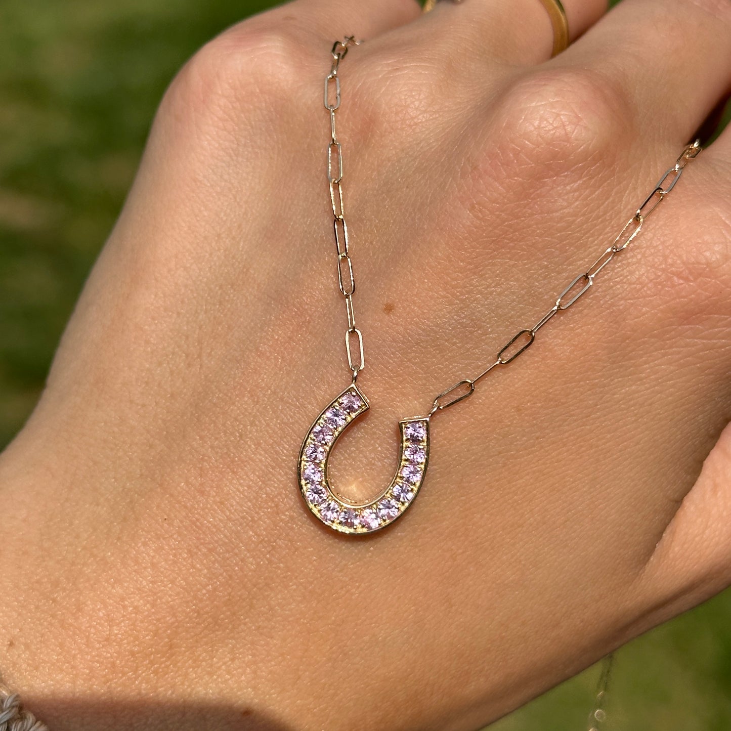 14KT Yellow Gold Pink Sapphire Horseshoe Necklace