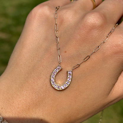 14KT Yellow Gold Pink Sapphire Horseshoe Necklace
