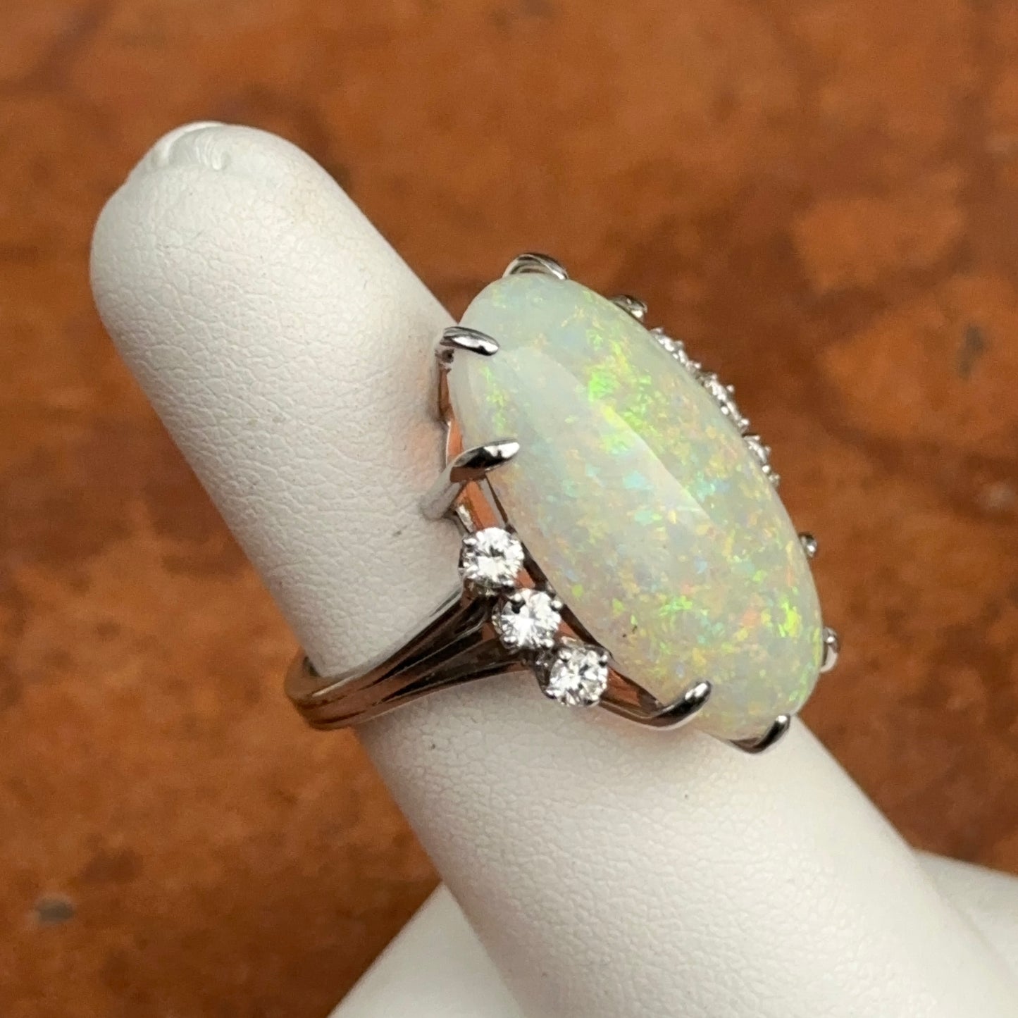 Estate 18KT White Gold Oval Opal + Diamond ring
