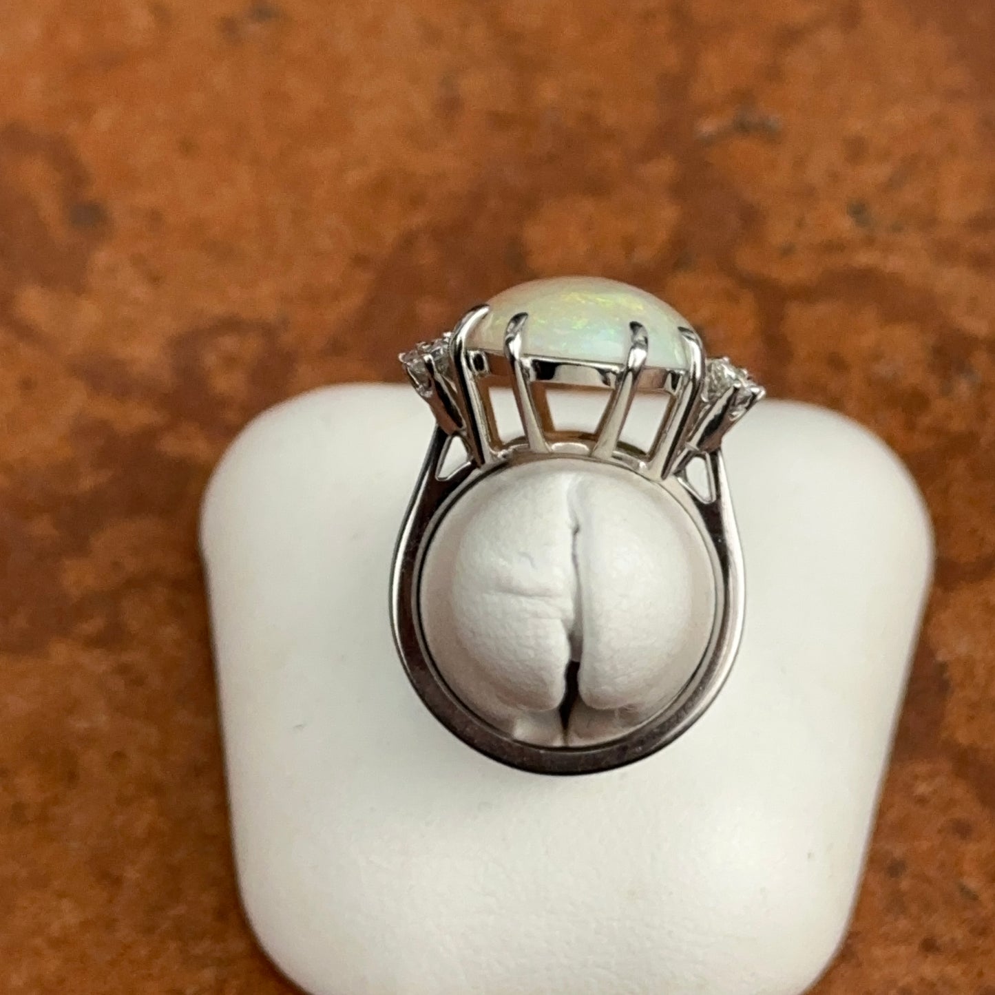 Estate 18KT White Gold Oval Opal + Diamond ring