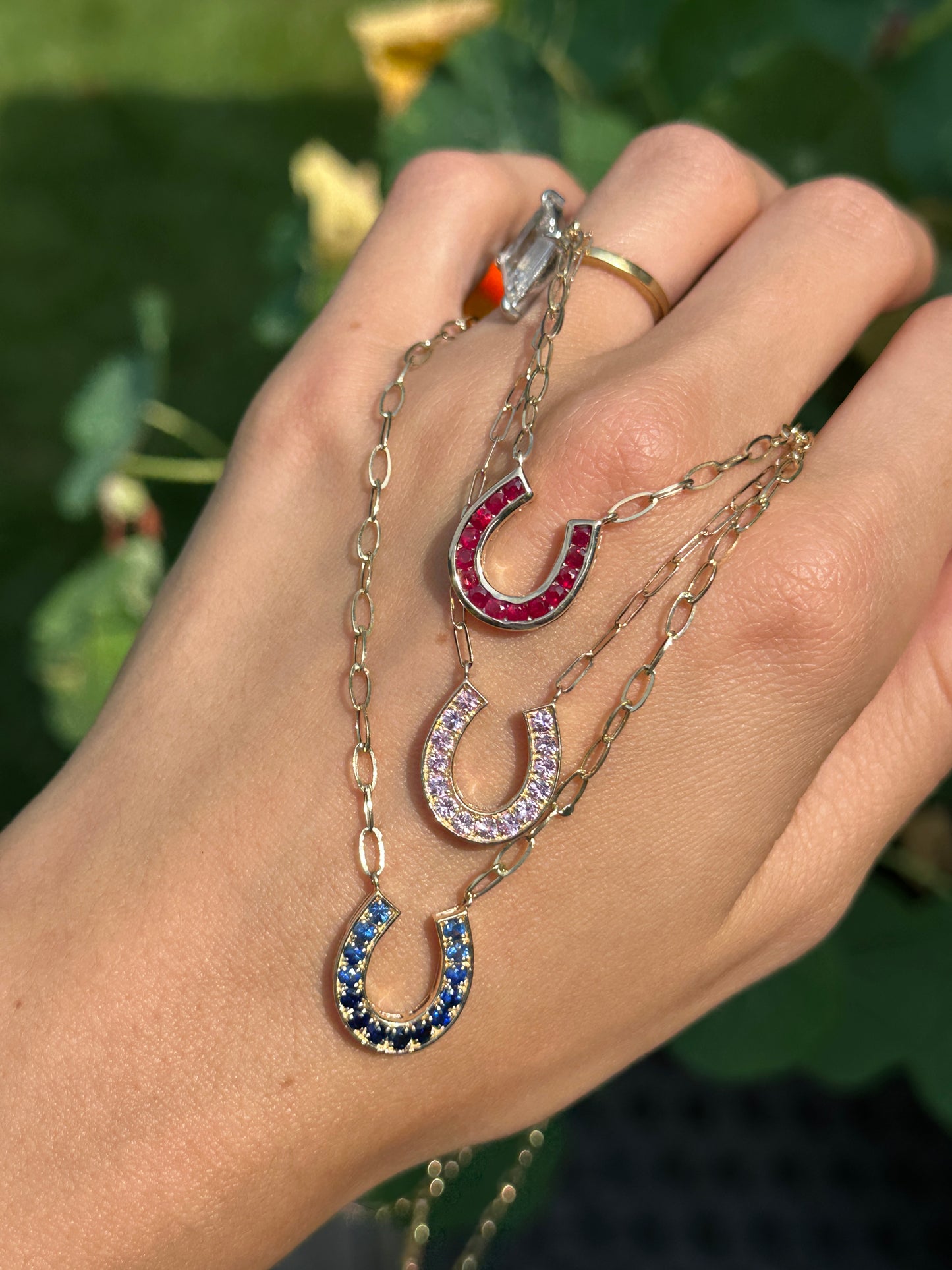 14KT Yellow Gold Pink Sapphire Horseshoe Necklace