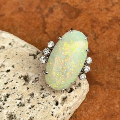Estate 18KT White Gold Oval Opal + Diamond ring