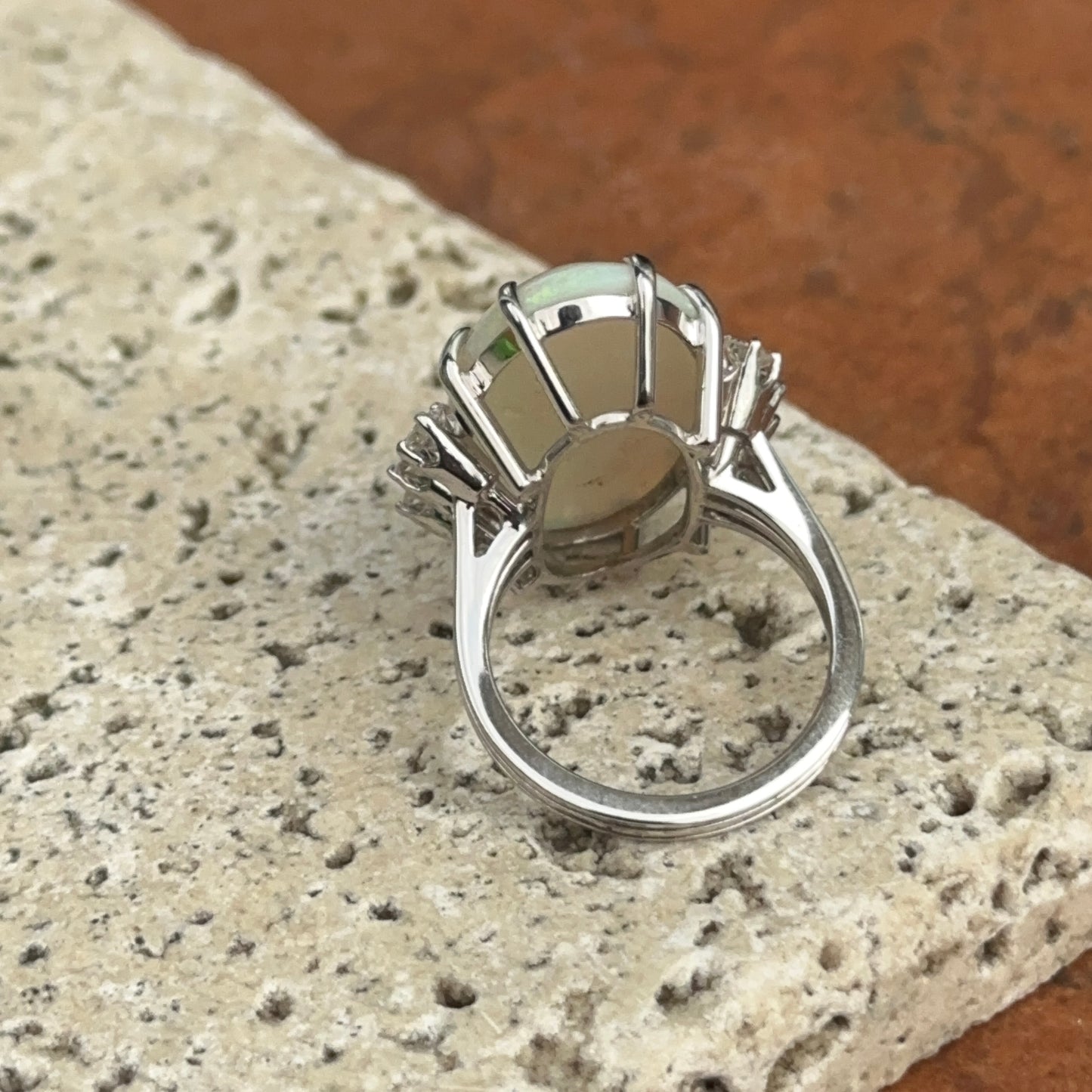 Estate 18KT White Gold Oval Opal + Diamond ring