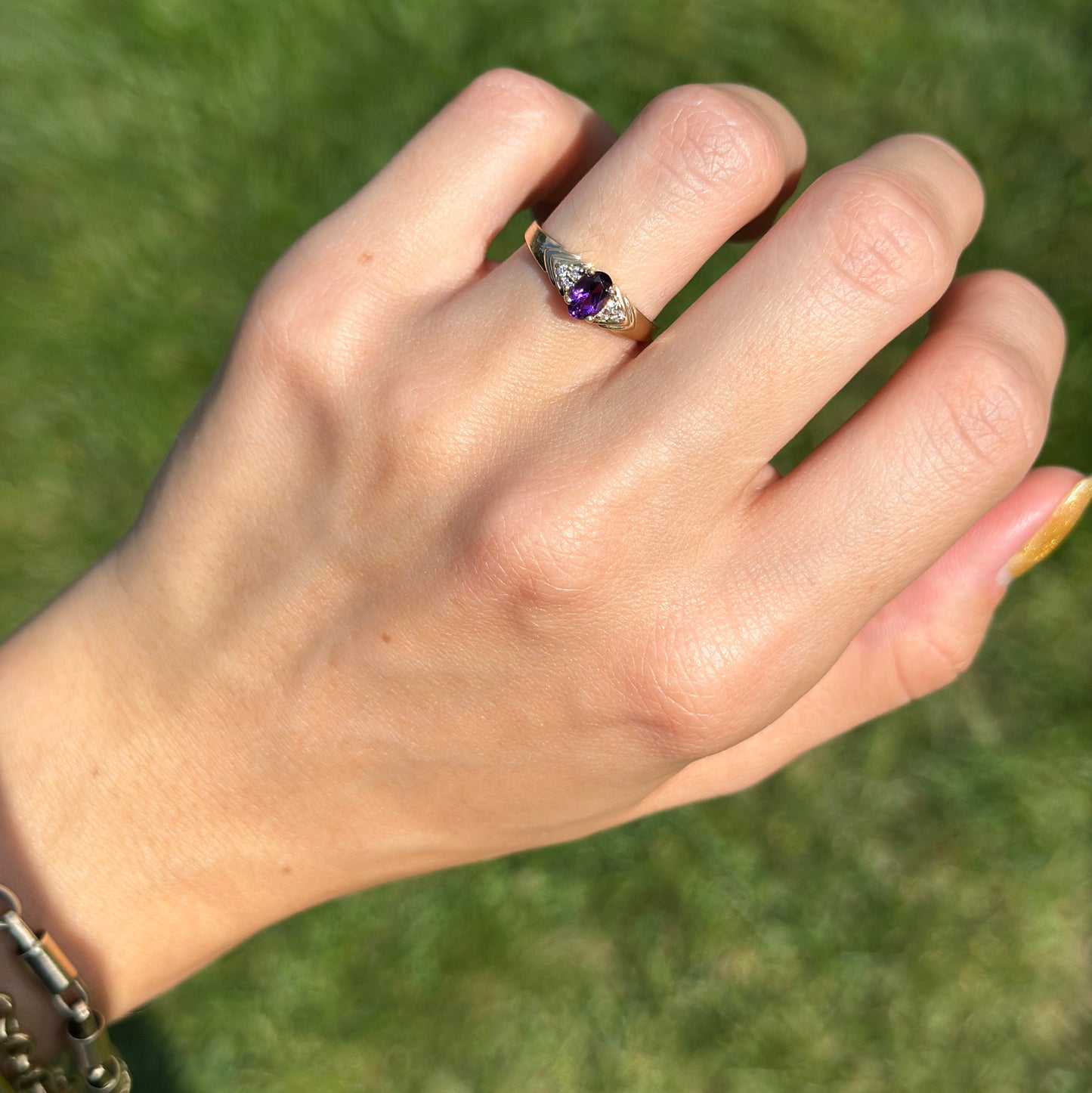 Estate 14KT Yellow Gold Oval Amethyst + Diamond Ring