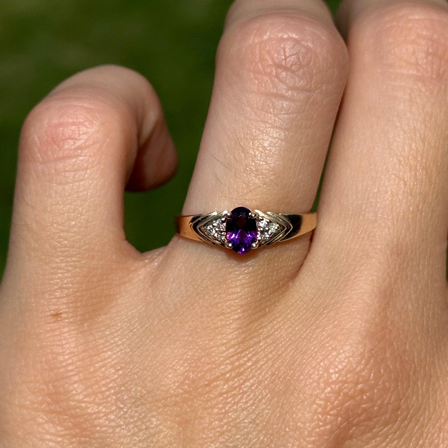 Estate 14KT Yellow Gold Oval Amethyst + Diamond Ring