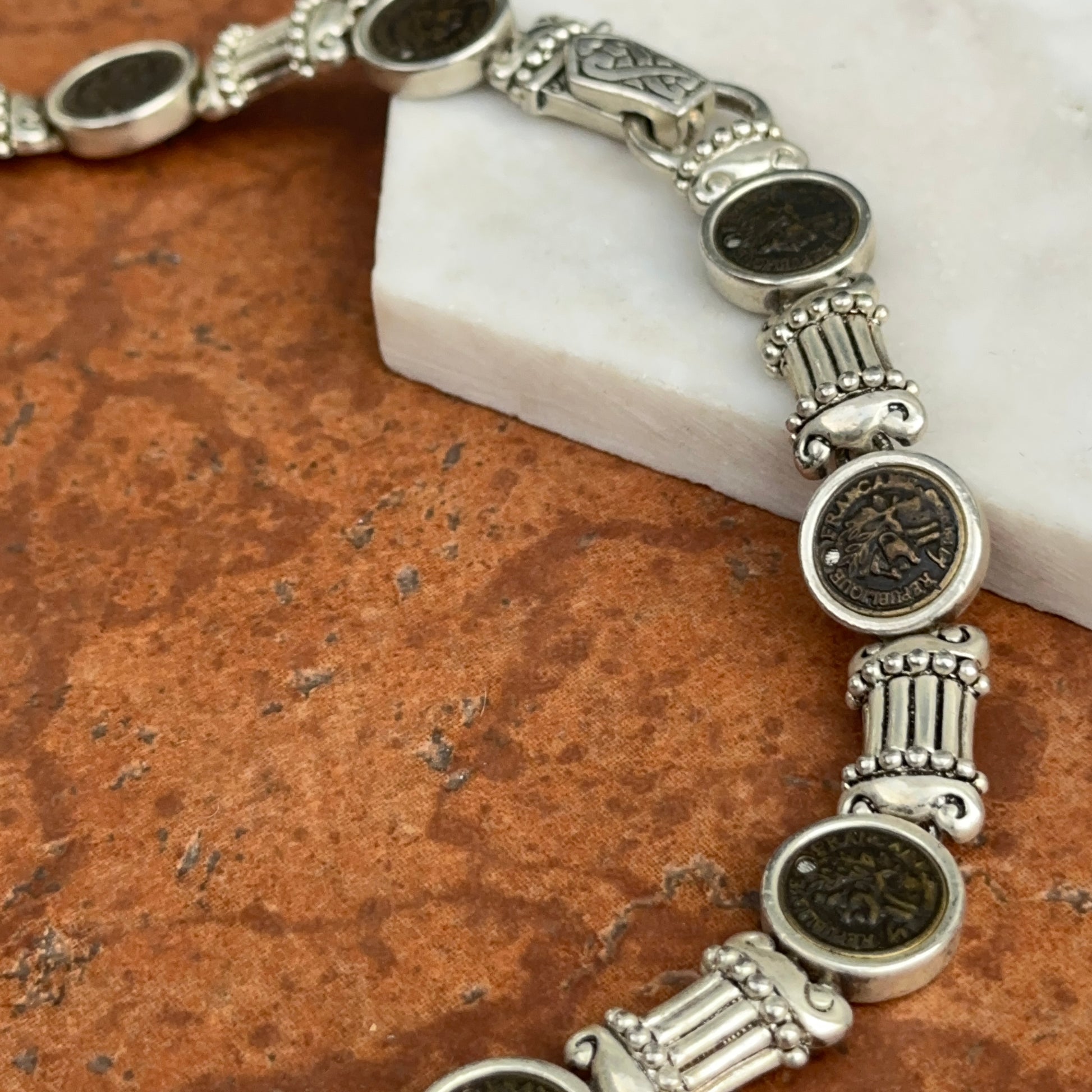 Estate Silver-Tone-Plated Replica Bronze Coin Bezel Set Chain Necklace - LSJ
