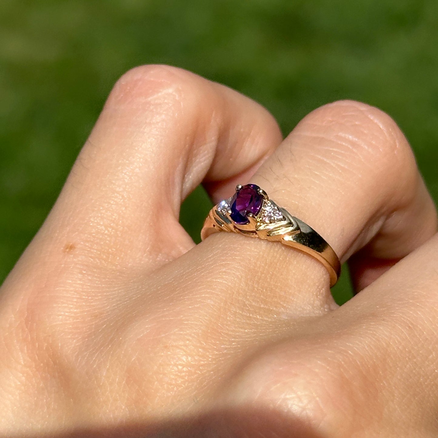 Estate 14KT Yellow Gold Oval Amethyst + Diamond Ring