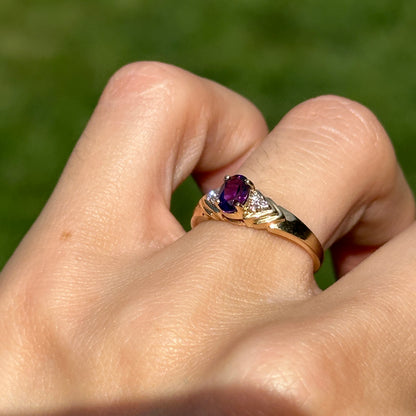 Estate 14KT Yellow Gold Oval Amethyst + Diamond Ring