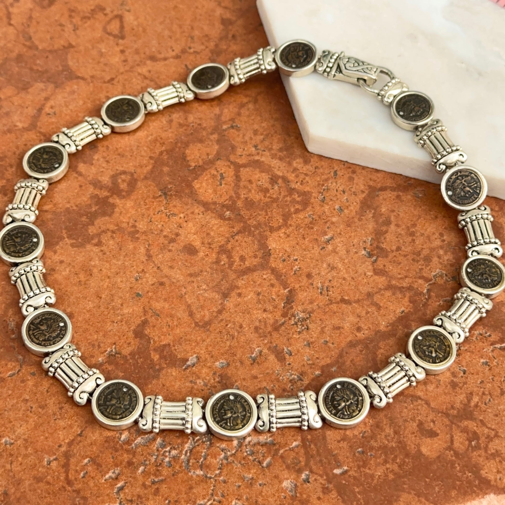 Estate Silver-Tone-Plated Replica Bronze Coin Bezel Set Chain Necklace - LSJ
