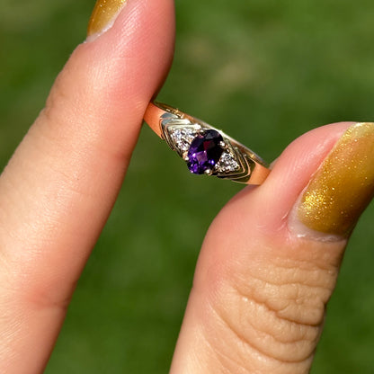 Estate 14KT Yellow Gold Oval Amethyst + Diamond Ring