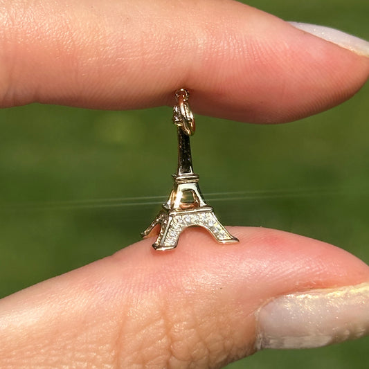 Estate 14KT Yellow Gold Pave Diamond Eiffel Tower Pendant