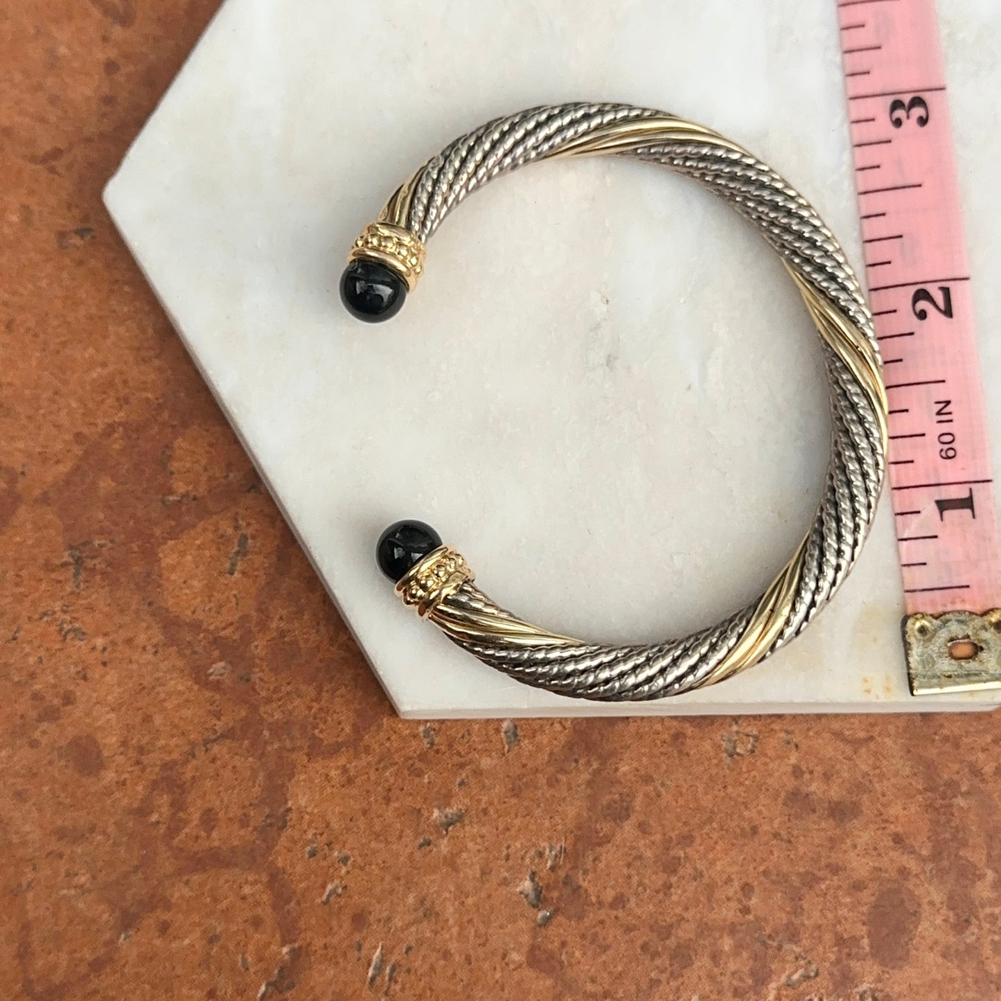 Estate 14KT Yellow Gold + Sterling Silver Cable Twist Black Onyx Cuff Bracelet